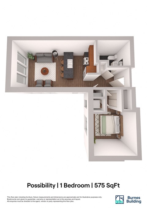 Floor plan for 1 bed, 1 bath, 575 sqft